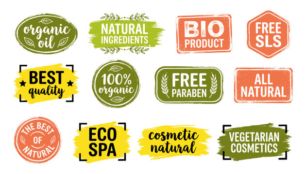 Natural cosmetic label set with organic bio product and eco stamp
