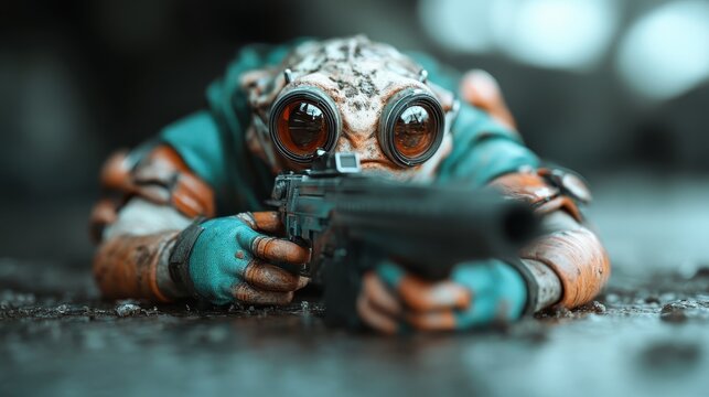A determined fictional alien character is depicted aiming with a futuristic rifle in a striking pose, exploring themes of science fiction and adventure in a detailed setting.