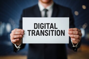 Obraz premium Businessman Showing a Sign for the Digital Transition Process