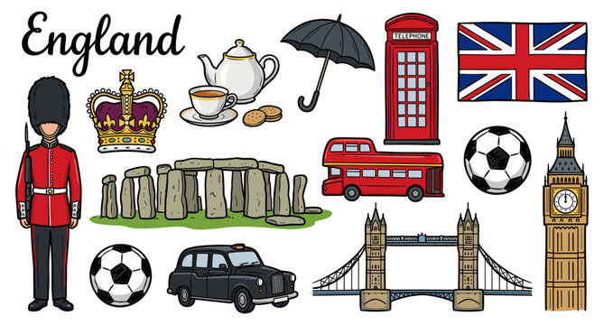 England doodle set with big ben london bus and union jack