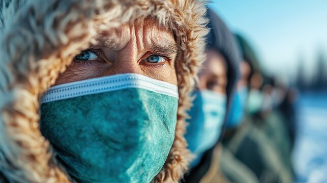 A poignant image of elderly individuals wearing masks in a cold landscape, capturing the resilience and vulnerability of communities during challenging times of social distancing.