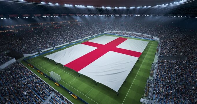 Professional Stadium With Soccer Game Championship With Flag of England Spread Across Pitch Before Football Match Start. Cheering Crowds of Fans at Arena Anthem Ceremony. Aerial Static Wide Shot