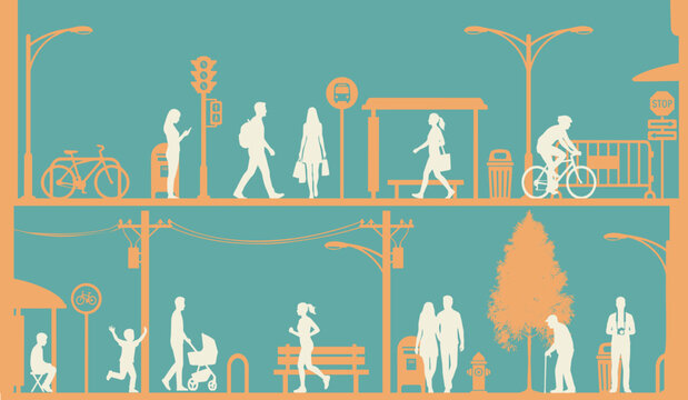 Illustration of people walking in the city and in the park, 2D architectural model style. Editable vector.