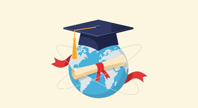 Global Education Concept: Graduation Cap, Diploma, and Earth Globe with Orbiting Lines