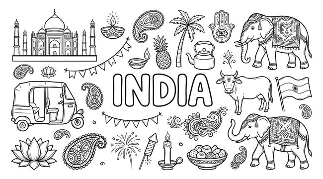 India doodle set with Taj Mahal and elephant in hand drawn sketch