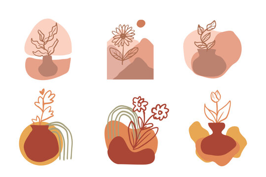 Abstract floral compositions with minimalist vases in earth tones collection