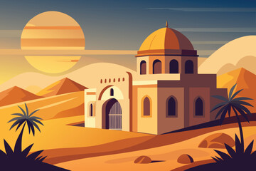 desert scene with domed building under sunset sky © PUNNABEGUM