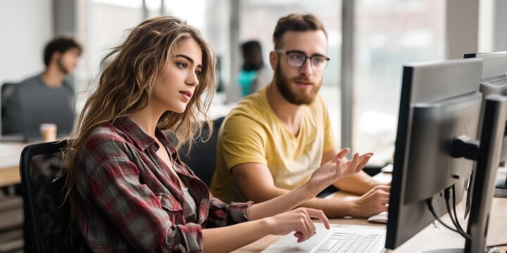 Young software developers collaborating on a project at their computers in a modern office