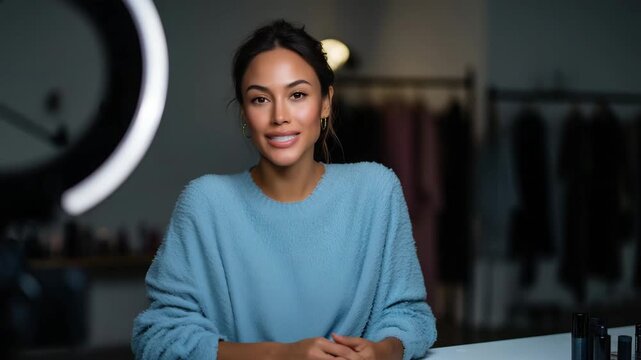 Beauty influencer filming skincare tutorial in professional studio setup with ring light and softbox, young woman demonstrating cosmetic product at makeup desk, content creation