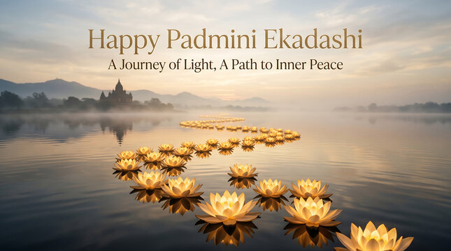 Golden lotus flowers floating on serene lake with misty mountains background at sunrise