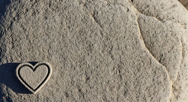 Natural stone texture with heart symbol, beige rock background, organic pebble surface