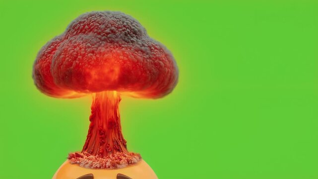 Mind blown animated emoji with a nuclear mushroom cloud coming from its head. Shocked character showing extreme stress or headache on green screen