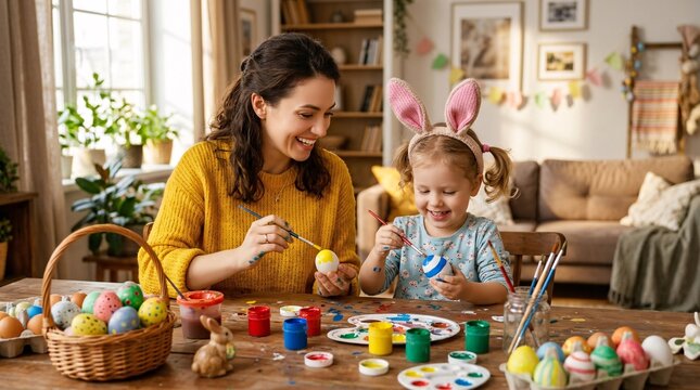 Smiling young mother in a yellow sweater and her little daughter wearing pink bunny ears joyfully paint Easter eggs at a dining room table.