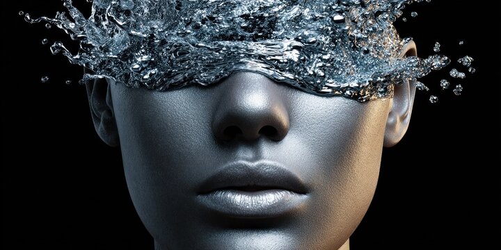 Abstract metallic face covered by splashing water, symbolizing transformation and fluidity