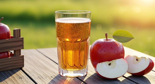 Fresh apple cider in glass with sliced apples on wooden table