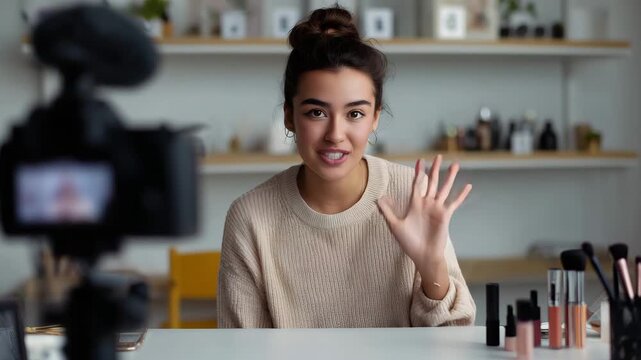 Young beauty blogger filming makeup tutorial at home with camera and smartphone setup, smiling woman greeting audience, modern influencer workspace, cosmetics and mirror on table