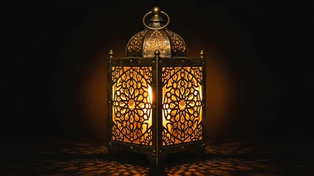 Glowing oriental lantern illuminating in the dark. Traditional Arabic lamp with intricate patterns casting shadows. Islamic Ramadan decoration and cultural heritage