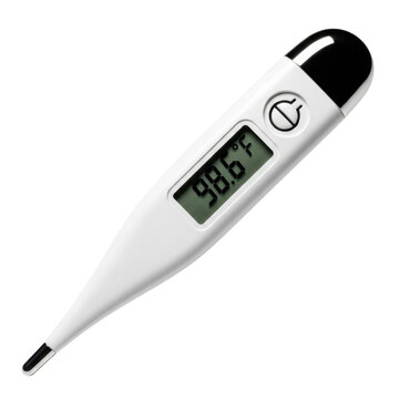 an ultra-modern digital thermometer with transparent matte plastic housing and a polished metallic sensor tip, displaying '98.6&deg;f' on a blue backlit screen, high contrast studio product