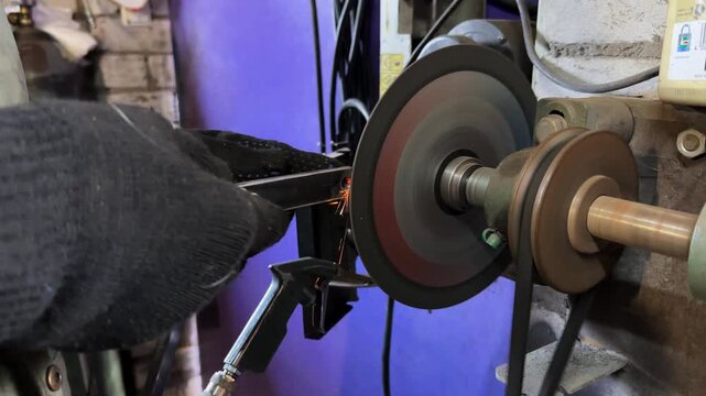 Arms of professional repairman grinding metal details with circular saw at garage. Male hands in protective gloves of mechanic polishing iron using electric grinder wheel at workplace. Slow motion