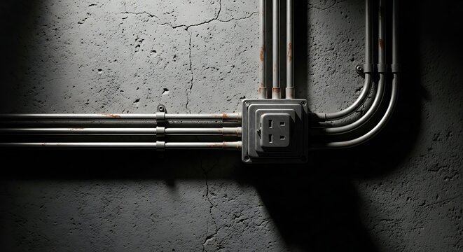 Industrial electrical outlet with exposed wiring conduit on concrete wall, urban loft style, dramatic lighting, grunge texture, raw aesthetic, modern industrial interior concept.