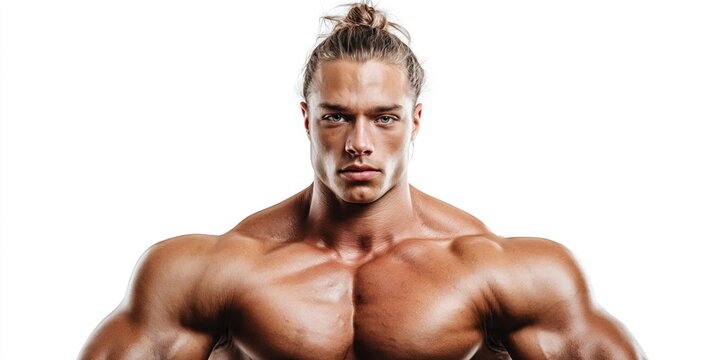 Muscular Nordic man with bun hairstyle looking intensely at the camera