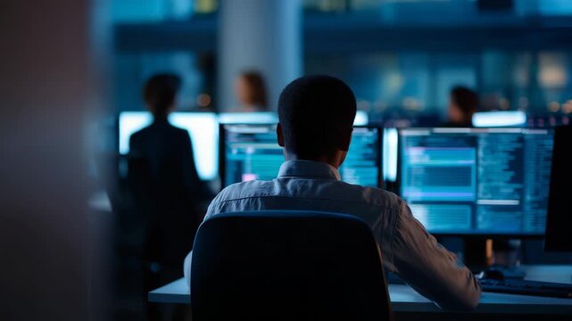 Cybersecurity analyst monitoring multiple screens in control room, network security and data protection concept, IT specialist working with code and analytics, modern technology 