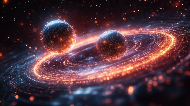 Abstract Quantum Entanglement Visualization: Two luminous subatomic particles are connected by a twisted beam of light, surrounded by a rotating holographic data ring&mdash;a digital technology concept.