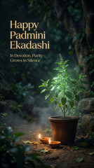 Obraz premium Potted plant with lit diyas on forest floor at night celebrating padmini ekadashi with serene ambiance