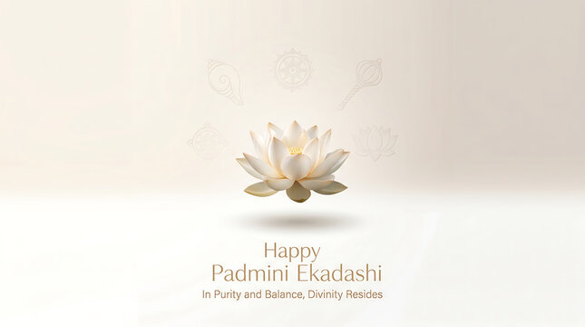 Lotus flower on beige background with happy padmini ekadashi text in gold