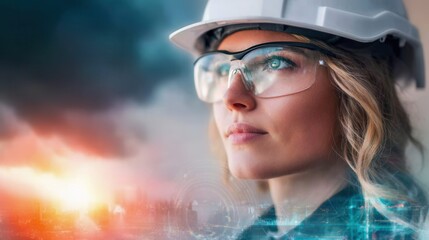 Naklejka premium Woman in hard hat and safety glasses looking towards the future with city skyline overlay