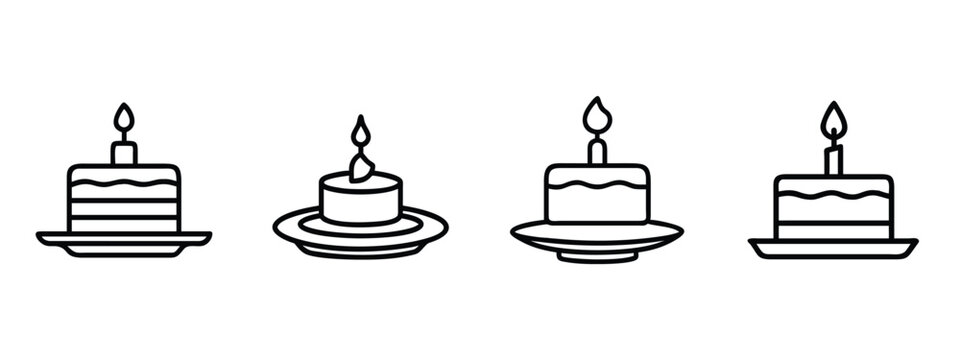 Birthday cake line icons set anniversary celebration party dessert bakery sweet candle food delicious treat event & more vector illustration with editable stroke.