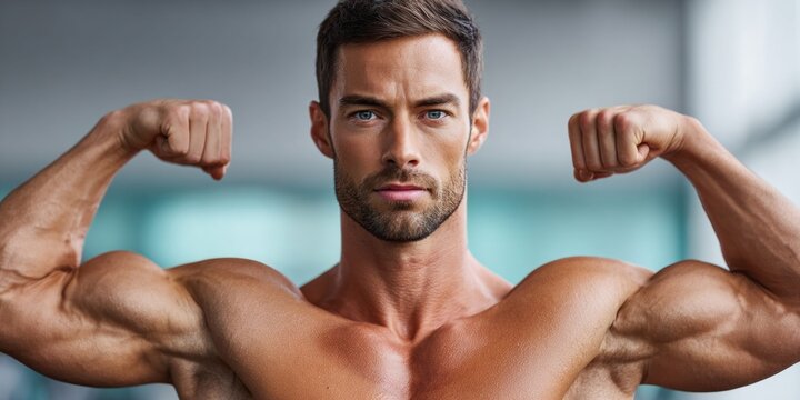 Muscular man flexing biceps at the gym, showing off his physique and strength
