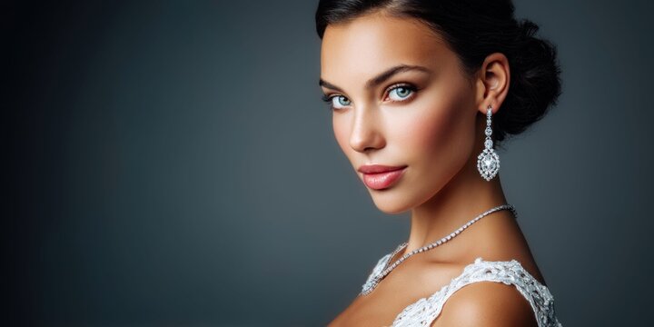 Elegant woman with sparkling diamond jewelry and flawless makeup, looking alluring