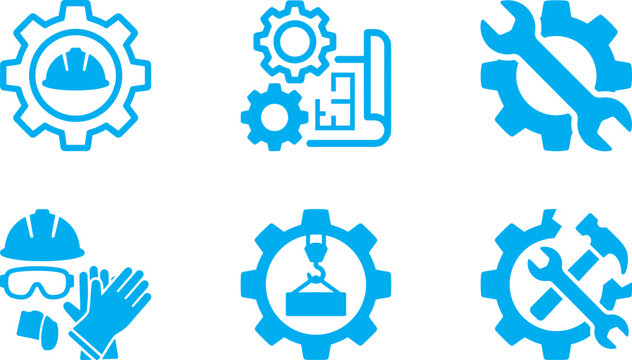 Engineering and maintenance icons set with gear tools safety helmet repair service symbols flat blue vector collection isolated on light background