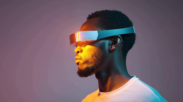 Futuristic portrait of man wearing augmented reality visor with glowing interface, cyberpunk technology concept, digital innovation and virtual reality experience, modern high tech