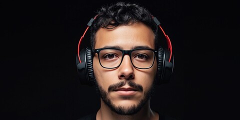 Obraz premium Young Brazilian gamer with headphones and glasses looking at the camera