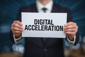Obraz premium Innovator Holding a Sign for Digital Acceleration