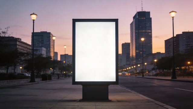 Empty billboard in city street at dusk