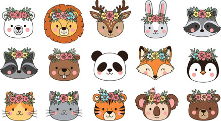 Cute Cartoon Animal Faces with Floral Crowns Including Lion, Deer, Panda, Fox, Bear, and Koala for Kids and Nursery Designs © Rafika