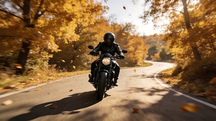 Obraz premium Motorcyclist riding on autumn road