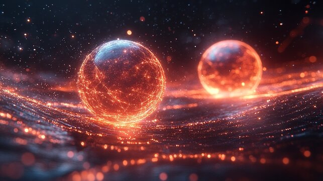 Abstract Quantum Entanglement Visualization: Two luminous subatomic particles are connected by a twisted beam of light, surrounded by a rotating holographic data ring&mdash;a digital technology concept.