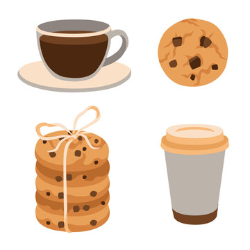 Hand-drawn illustrations of homemade cookies, cup of black tea or coffee and takeaway paper cup for packaging, menu, cafe