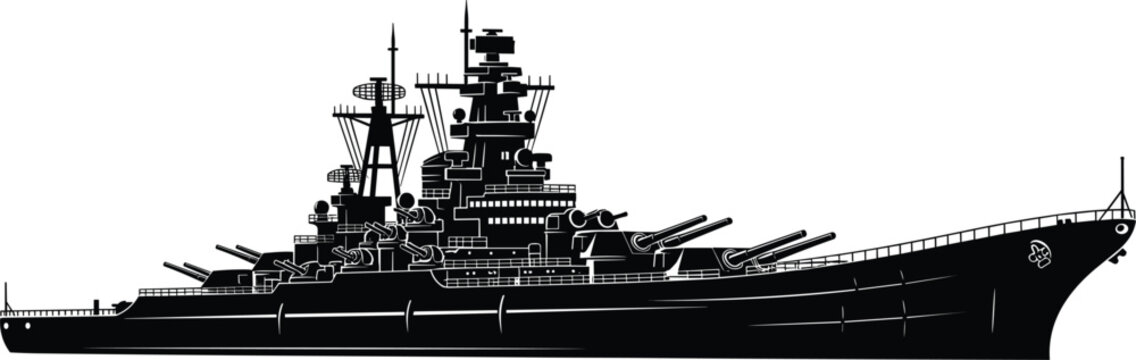 Modern flat battleship vector illustration in charcoal and blue colors for naval infographics isolated on white