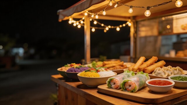 Nighttime food stall with assorted dishes