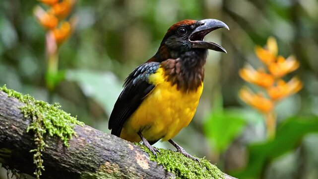 Colorful aracari bird perched on mossy branch in tropical rainforest