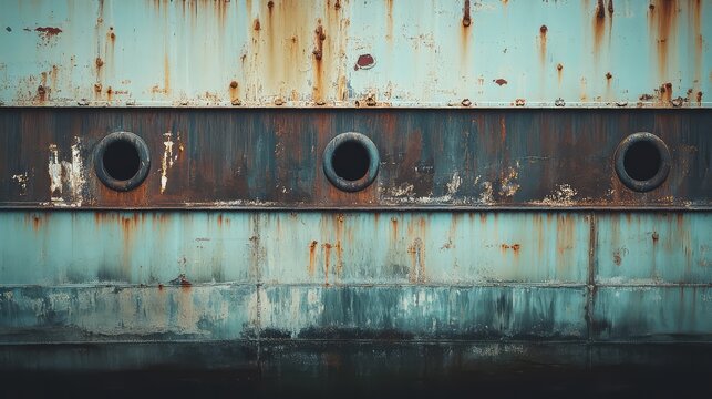 Old derelict ship hull showing weathered portholes and heavy rust textures, creating a grunge and industrial background, perfect for nautical and decay themes