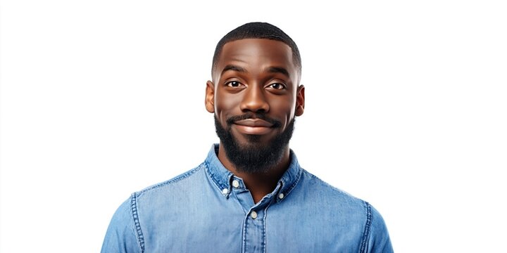 Close-up portrait of a smiling Black man with a beard wearing a denim shirt