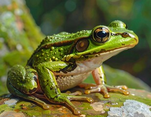 Fototapeta premium A green frog sitting on a mossy surface