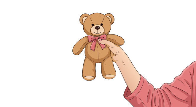 Hand Holding Teddy Bear Toy Cute Plush Doll Vector Illustration in Doodle Style