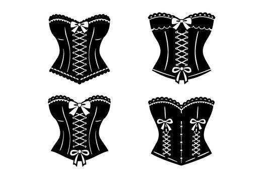 Set of Four Black Vintage Corset Silhouettes with Elegant Ribbon Bows and Lace-Up Front Designs; Victorian Style Lingerie Icons for Fashion Design, Burlesque Costumes, and Steampunk Themes.